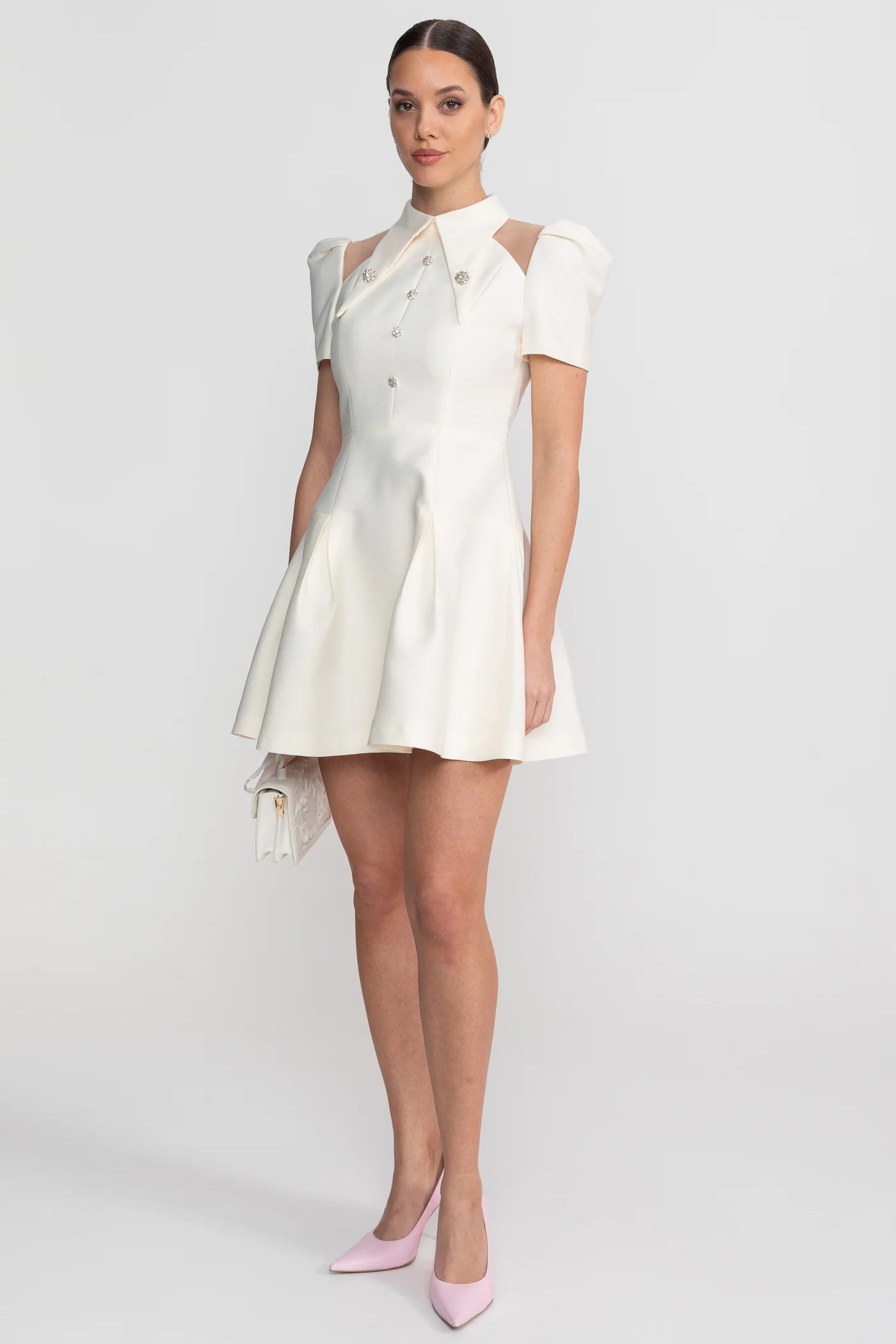 Vivienne — ivory mini dress with open shoulders